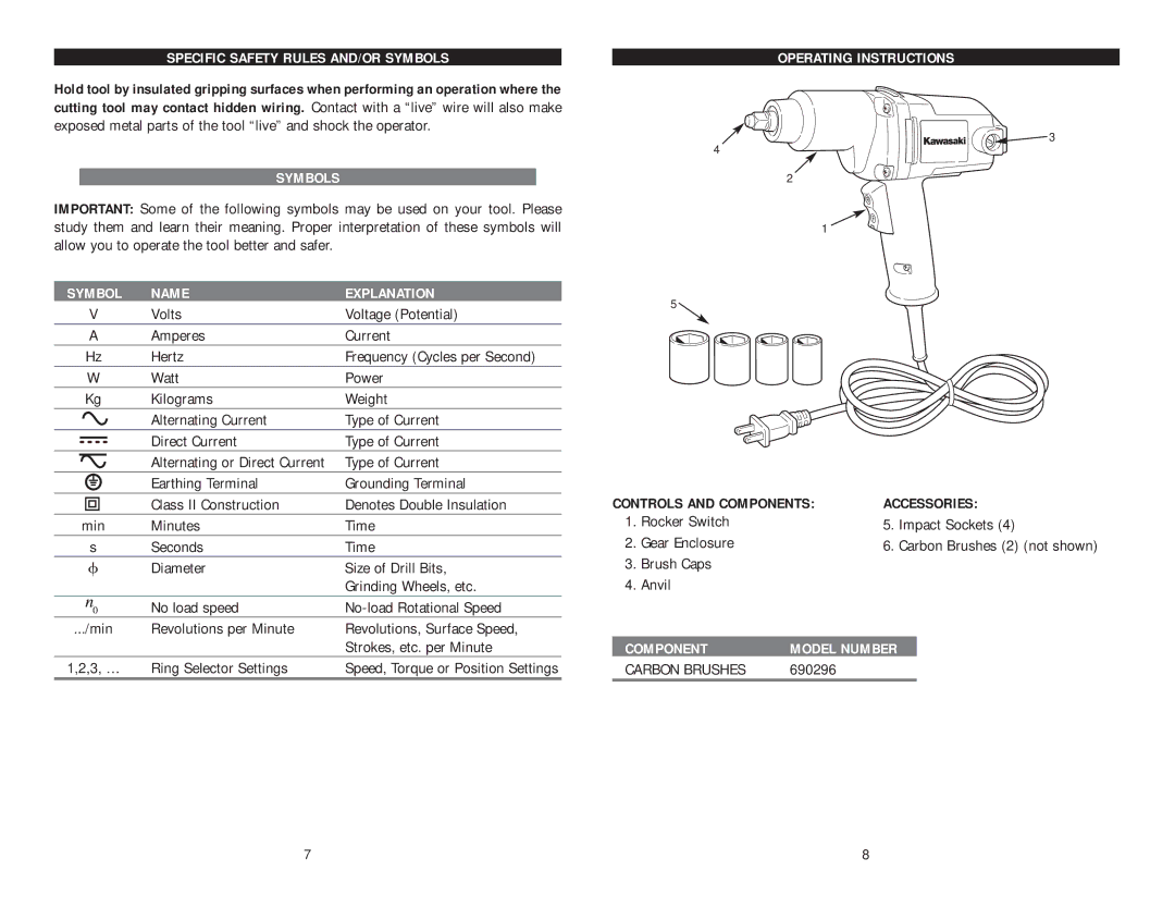 Kawasaki 821048 manual Specific Safety Rules AND/OR Symbols, Symbol Name Explanation, Operating Instructions, Component 