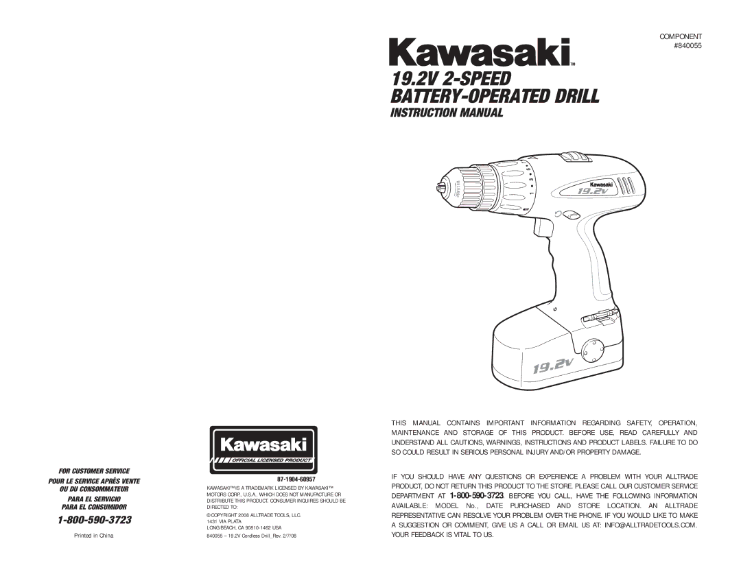 Kawasaki 821048 manual 19.2V 2-SPEED BATTERY-OPERATED Drill 