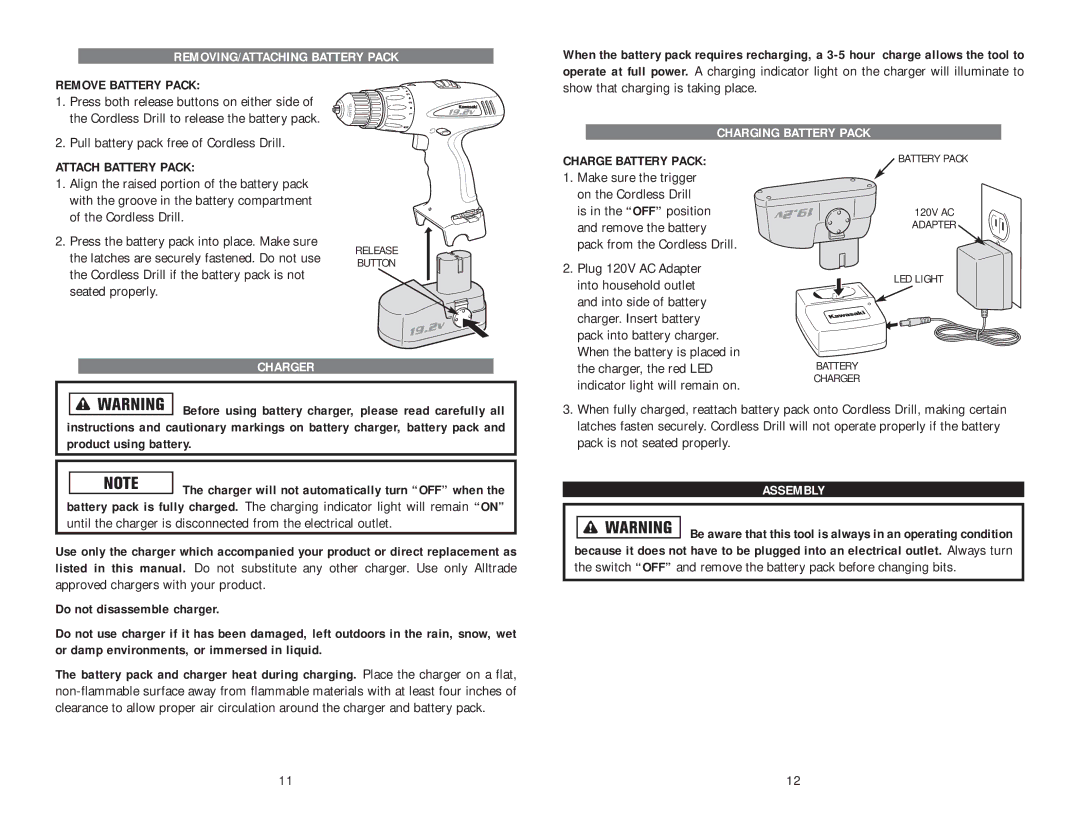 Kawasaki 840051 instruction manual REMOVING/ATTACHING Battery Pack, Charger Charging Battery Pack, Assembly 