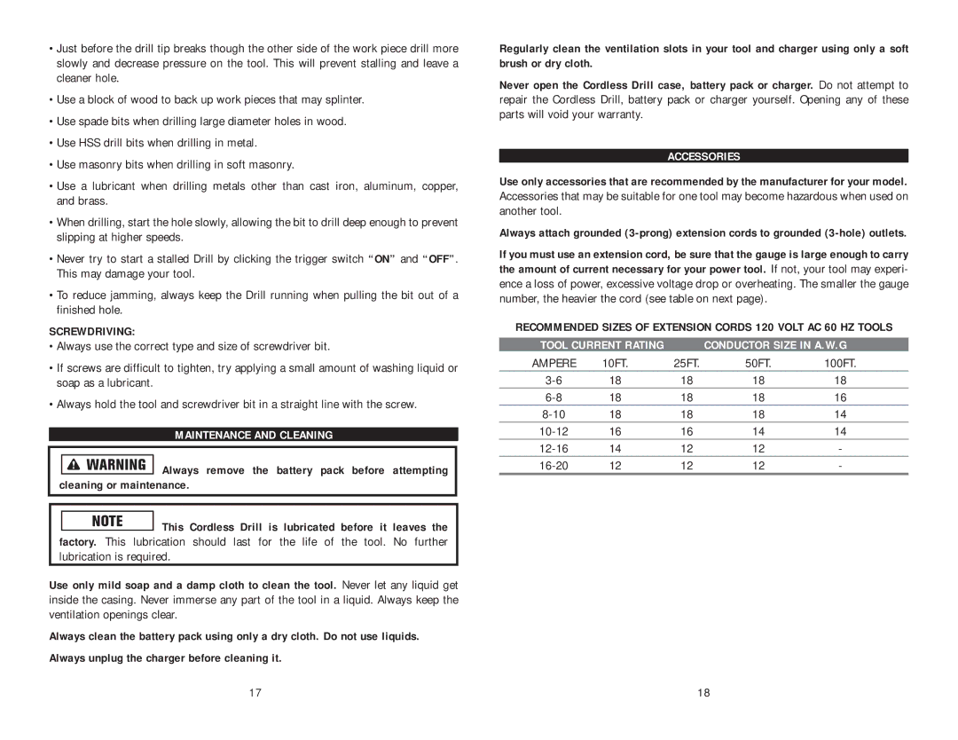 Kawasaki 840055 instruction manual Screwdriving, Maintenance and Cleaning, Accessories, Conductor Size in A.W.G 