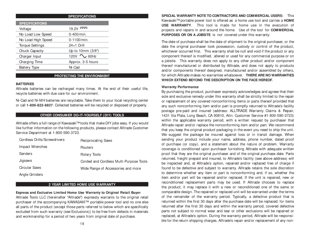 Kawasaki 840055 instruction manual Specifications, Protecting the Environment, Other Consumer DO-IT-YOURSELF DIY Tools 