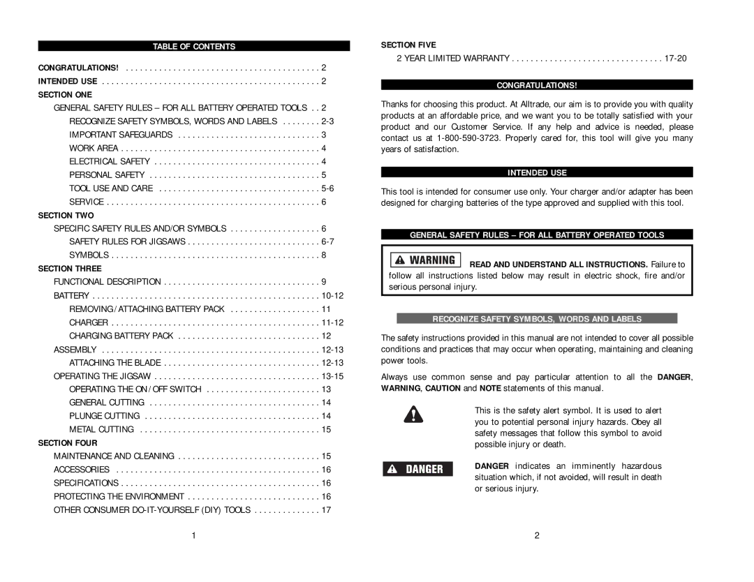 Kawasaki 840055 Table of Contents, Congratulations, Intended USE, General Safety Rules for ALL Battery Operated Tools 