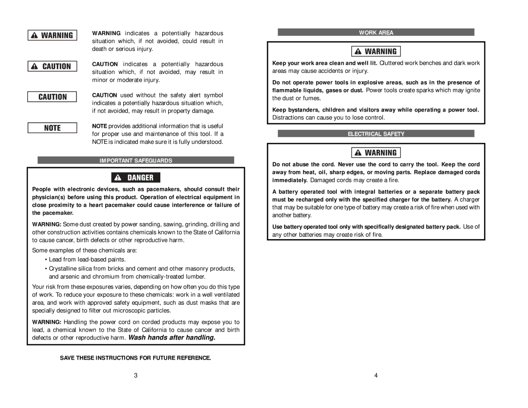 Kawasaki 840055 instruction manual Important Safeguards, Work Area, Electrical Safety 