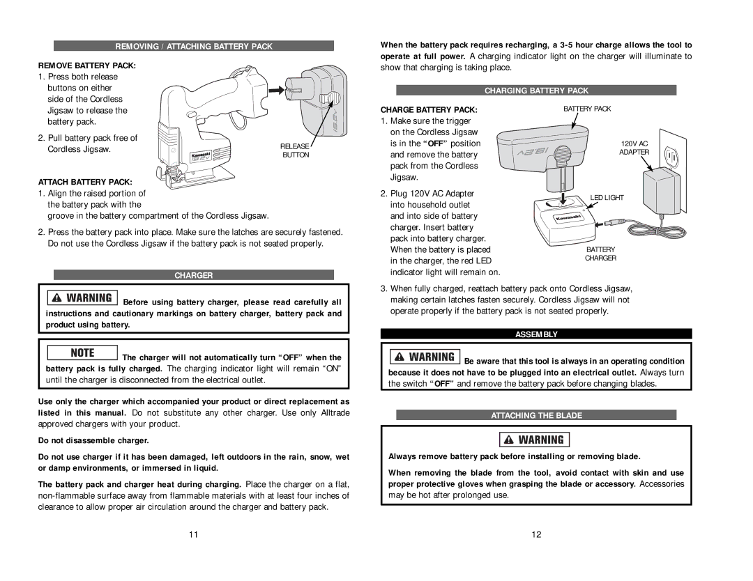 Kawasaki 840055 Removing / Attaching Battery Pack, Charging Battery Pack, Charger, Assembly, Attaching the Blade 