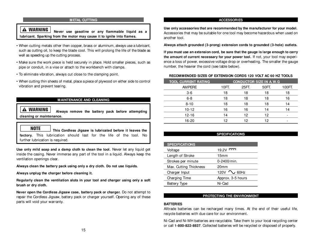 Kawasaki 840055 Metal Cutting, Maintenance and Cleaning, Accessories, Tool Current Rating, Specifications 