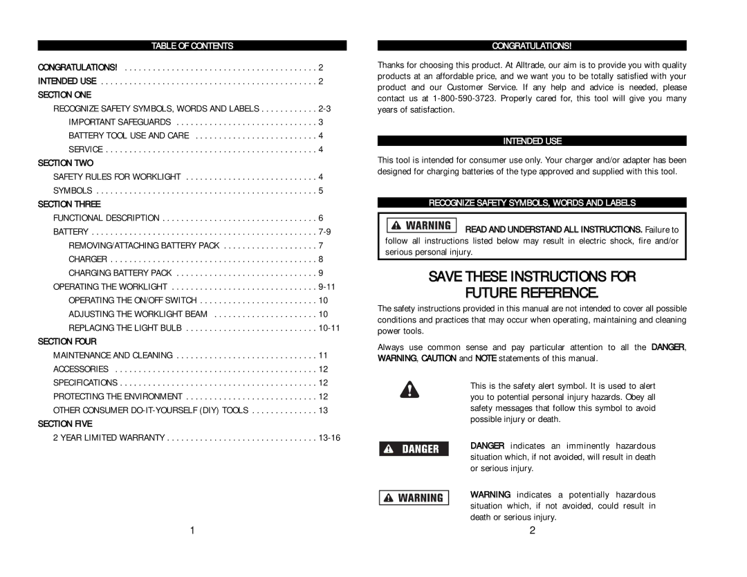 Kawasaki 840055 Table of Contents, Congratulations, Intended USE, Recognize Safety SYMBOLS, Words and Labels 