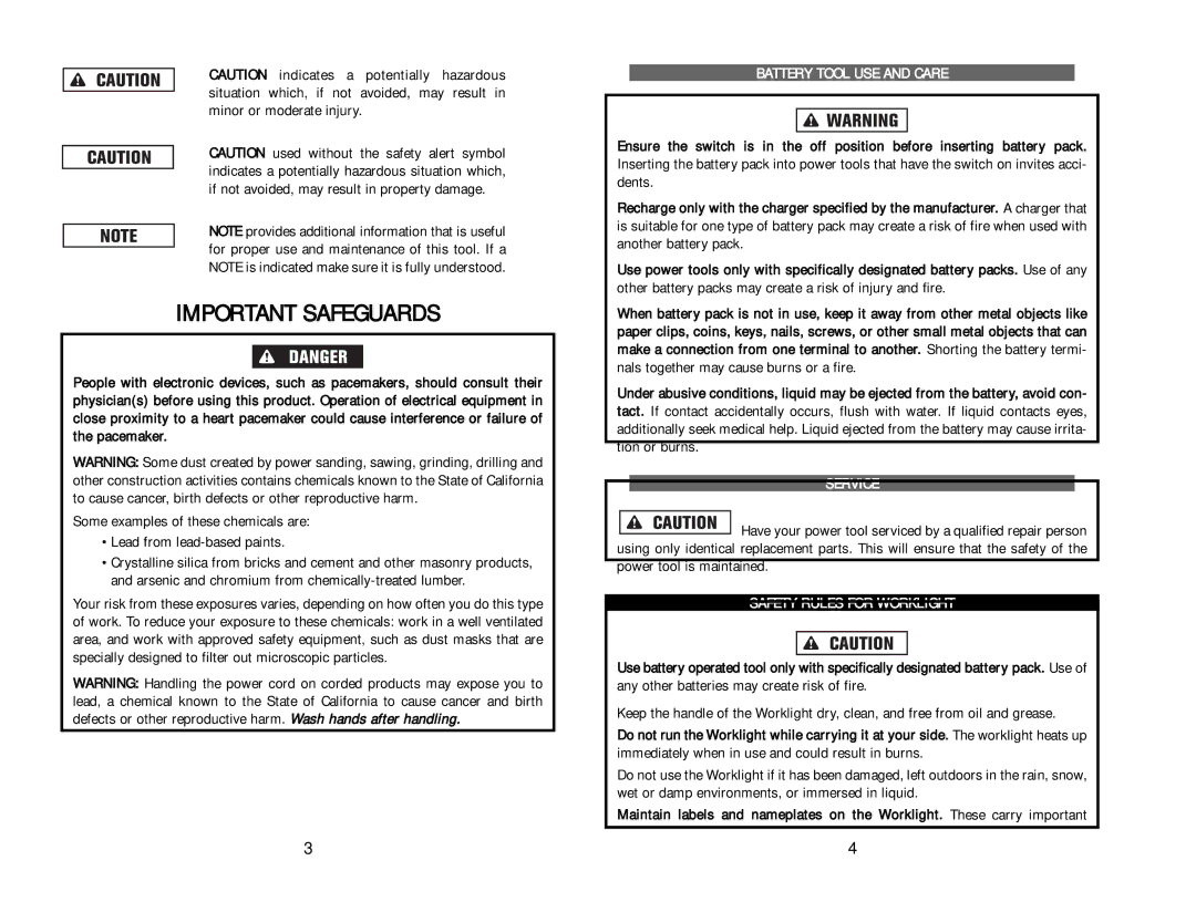 Kawasaki 840055 instruction manual Battery Tool USE and Care, Service, Safety Rules for Worklight 