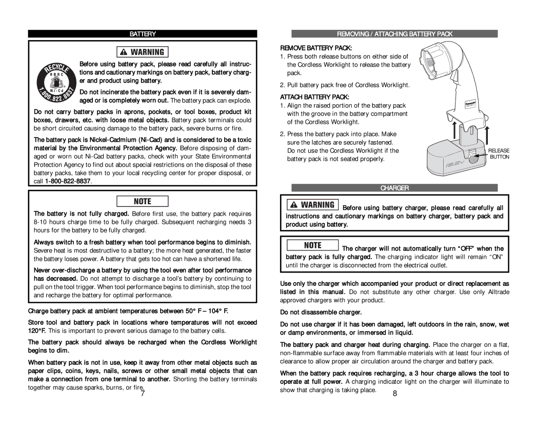 Kawasaki 840055 instruction manual Removing / Attaching Battery Pack, Remove Battery Pack, Attach Battery Pack, Charger 