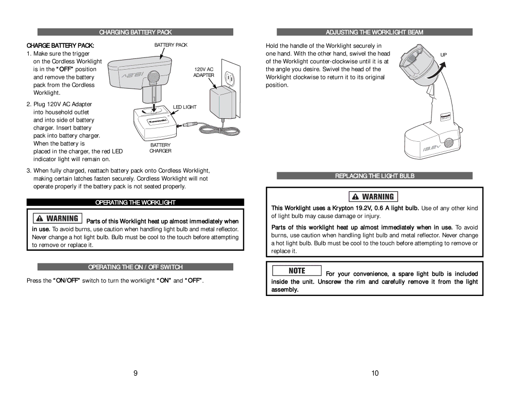 Kawasaki 840055 Charging Battery Pack Adjusting the Worklight Beam, Charge Battery Pack, Operating the Worklight 