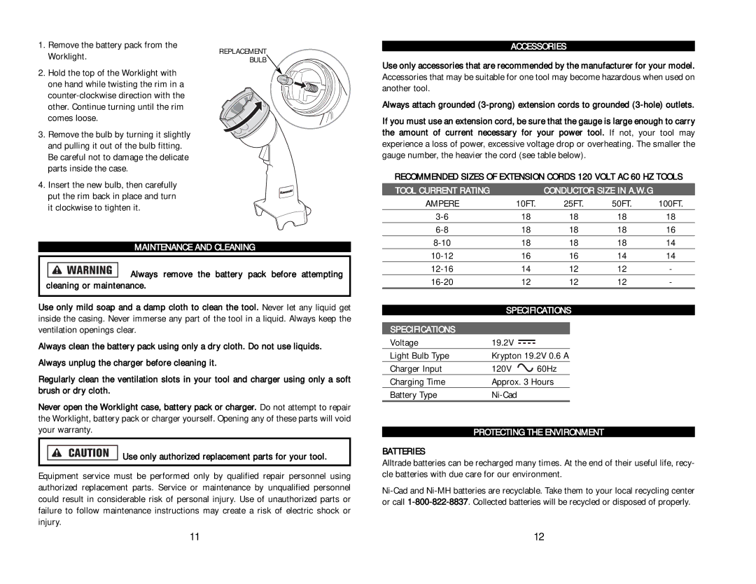 Kawasaki 840055 Accessories, Tool Current Rating, Maintenance and Cleaning, Specifications, Protecting the Environment 