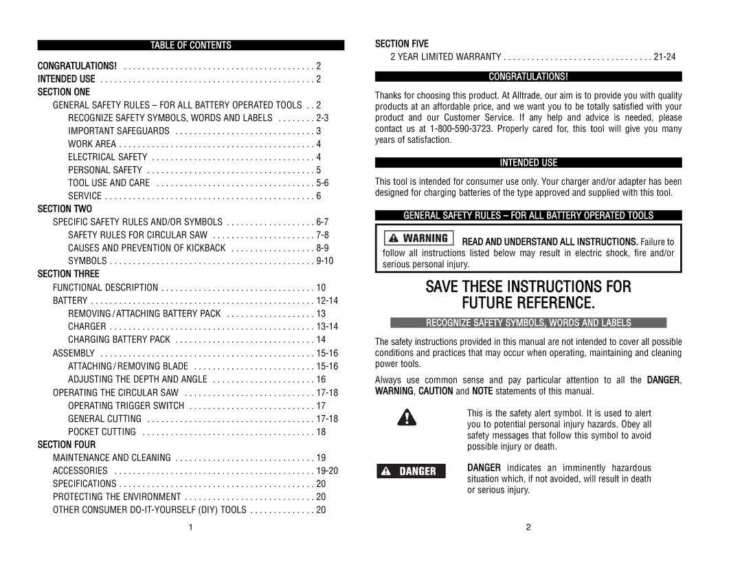 Kawasaki 840055 instruction manual Table of Contents, General Safety Rules for ALL Battery Operated Tools 