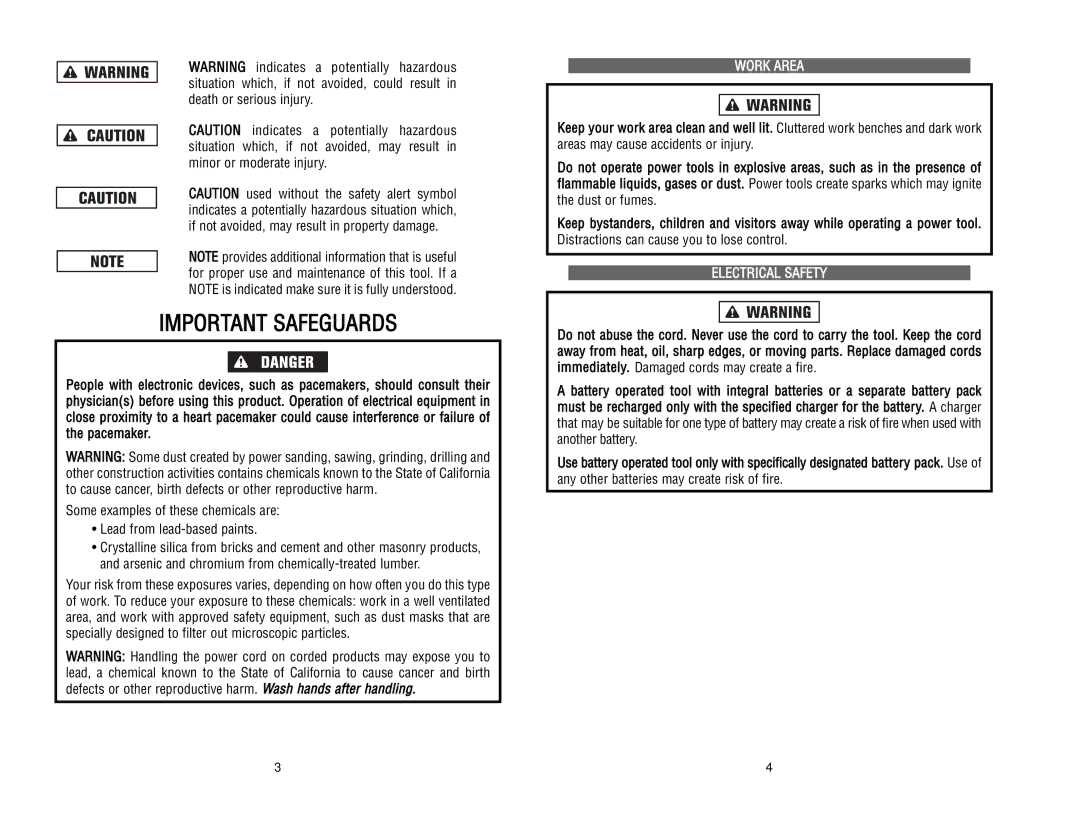 Kawasaki 840055 instruction manual Work Area, Electrical Safety 