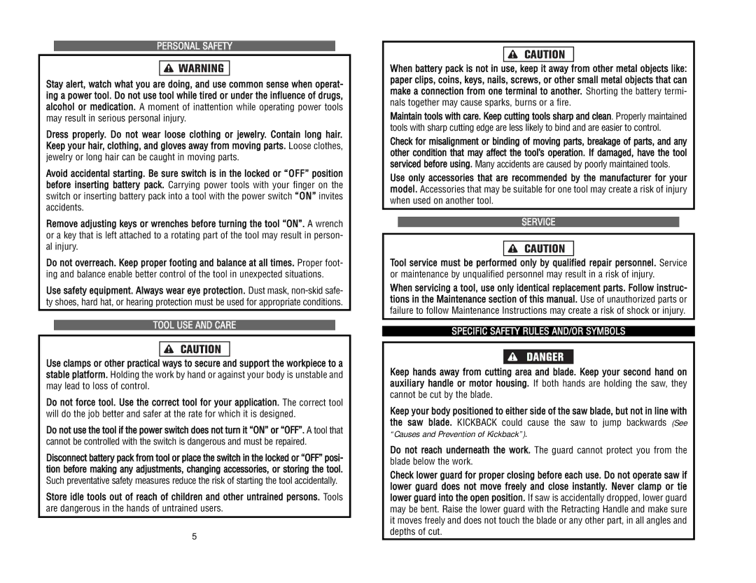 Kawasaki 840055 instruction manual Personal Safety, Tool USE and Care, Specific Safety Rules AND/OR Symbols 