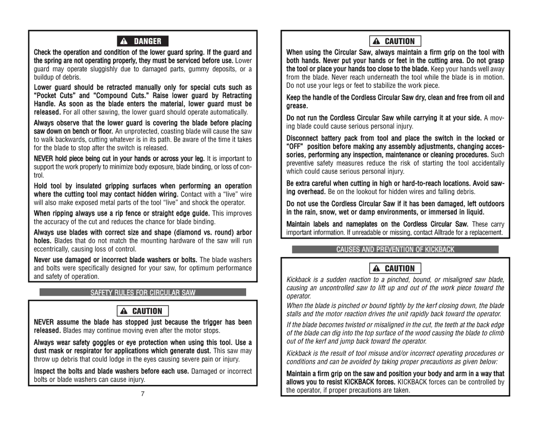 Kawasaki 840055 instruction manual Safety Rules for Circular SAW, Causes and Prevention of Kickback 