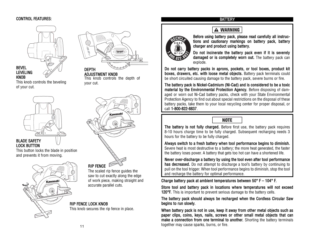 Kawasaki 840055 instruction manual Control Features, Depth, RIP Fence Lock Knob 