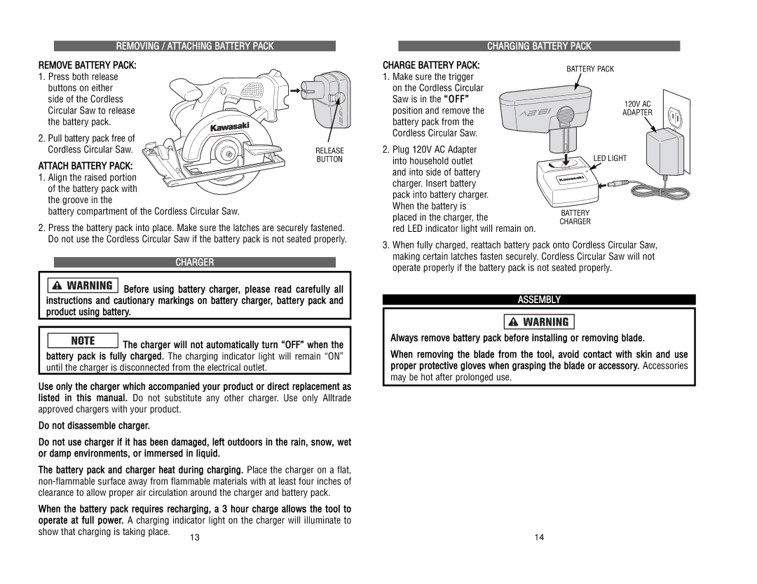 Kawasaki 840055 Removing / Attaching Battery Pack Charging Battery Pack, Pull battery pack free Cordless Circular Saw 