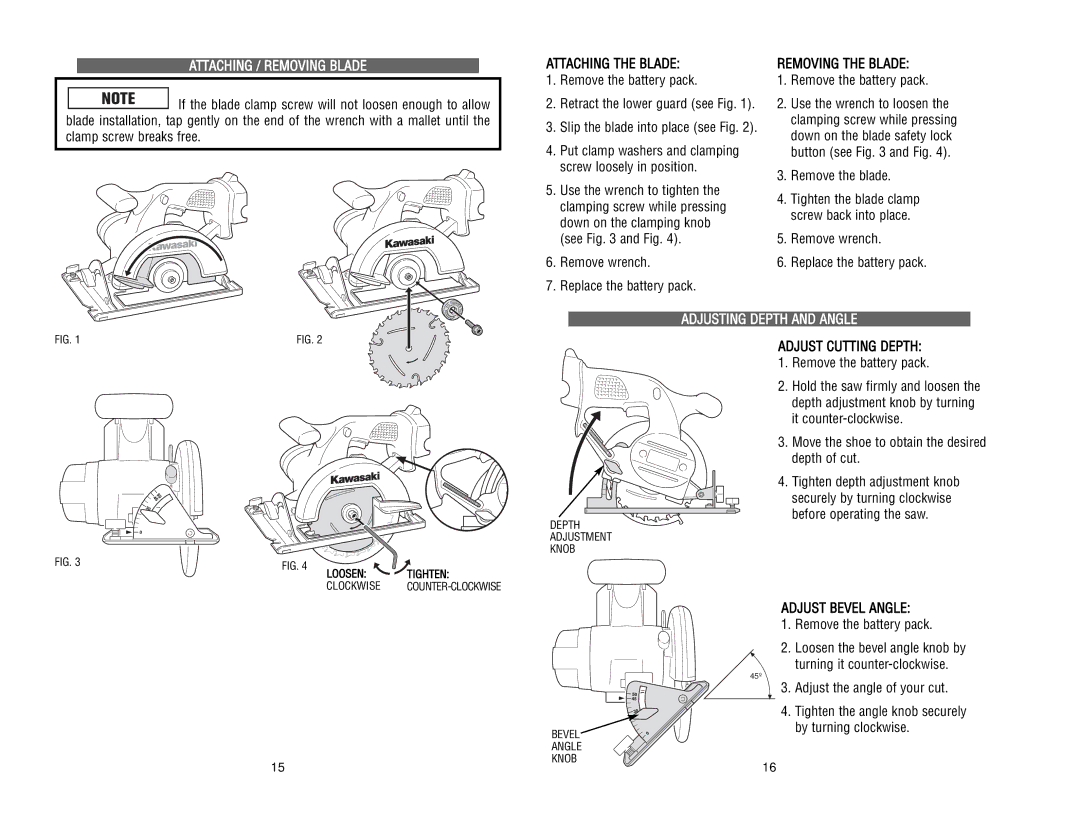 Kawasaki 840055 instruction manual Attaching / Removing Blade, Adjusting Depth and Angle 