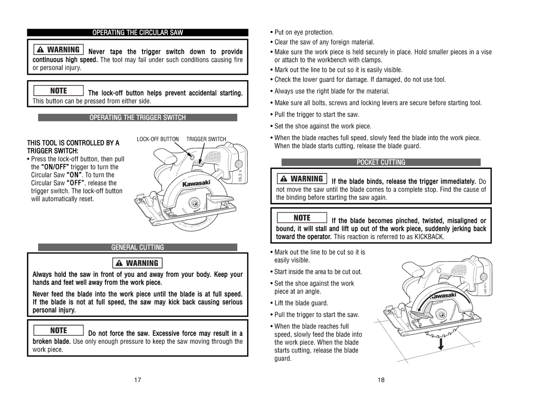 Kawasaki 840055 Operating the Circular SAW, Operating the Trigger Switch, General Cutting, Pocket Cutting 