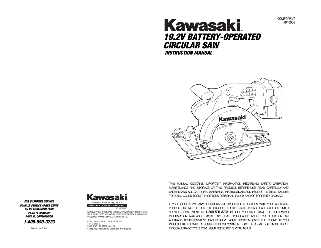 Kawasaki 840056 instruction manual 19.2V BATTERY-OPERATED Circular SAW 