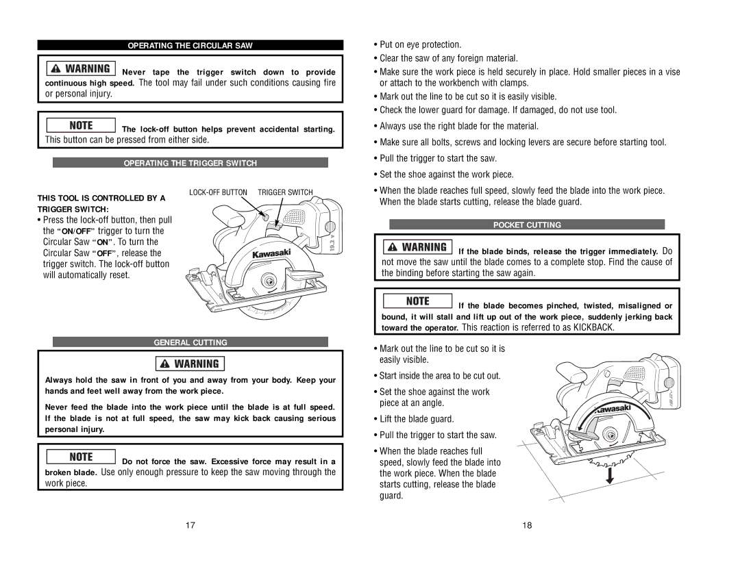 Kawasaki 840056 Operating the Circular SAW, Operating the Trigger Switch, General Cutting, Pocket Cutting 