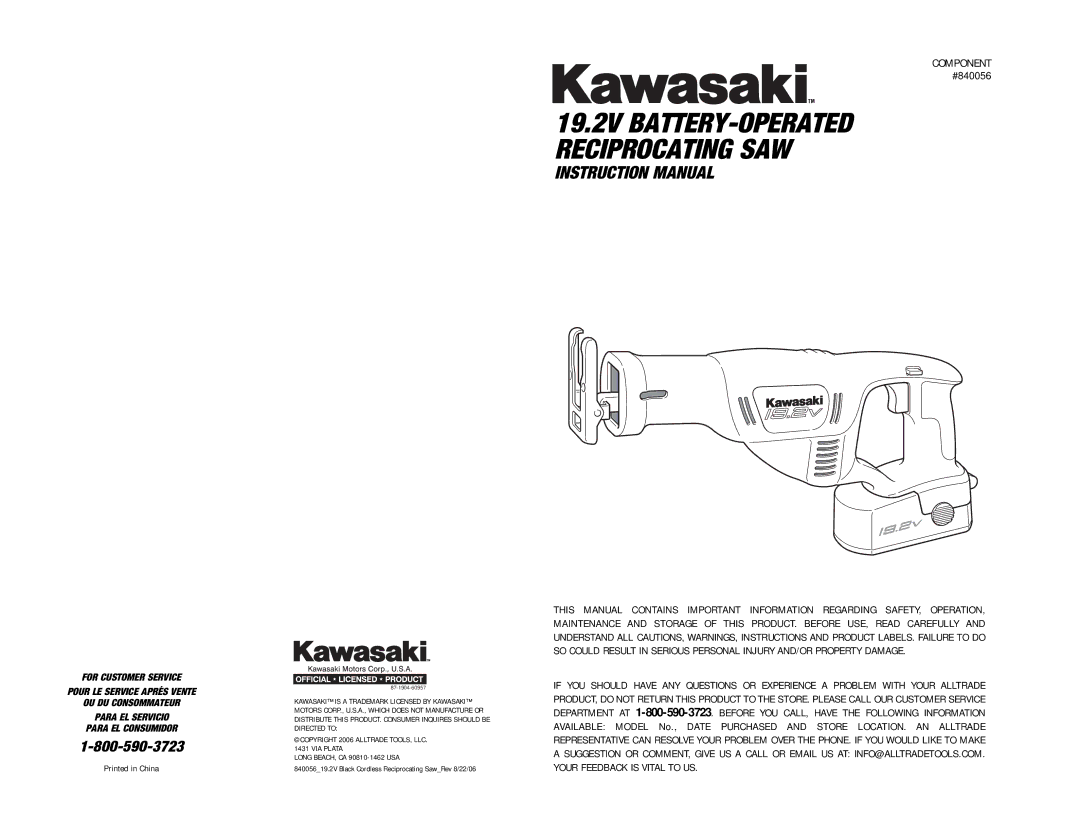 Kawasaki 840056 instruction manual 19.2V BATTERY-OPERATED Reciprocating SAW 