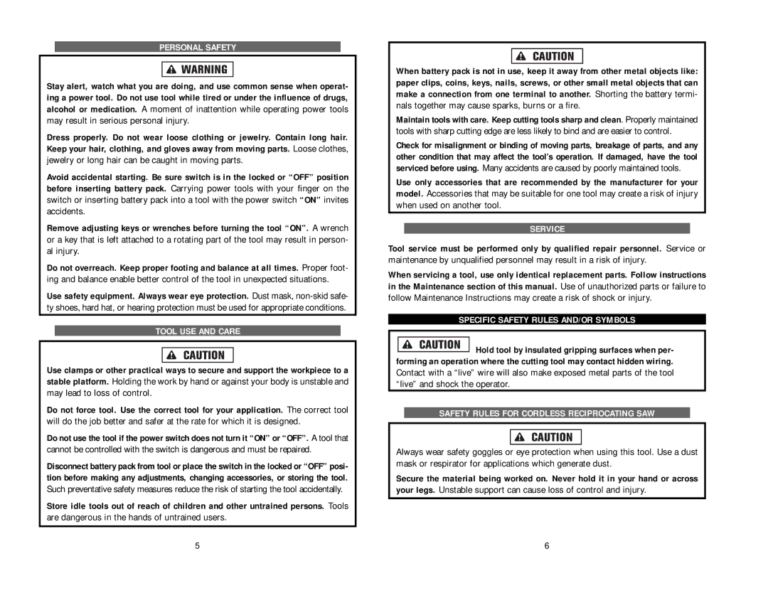 Kawasaki 840056 instruction manual Personal Safety, Safety Rules for Cordless Reciprocating SAW 