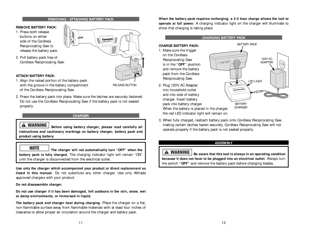 Kawasaki 840056 instruction manual Removing / Attaching Battery Pack, Reciprocating Saw 