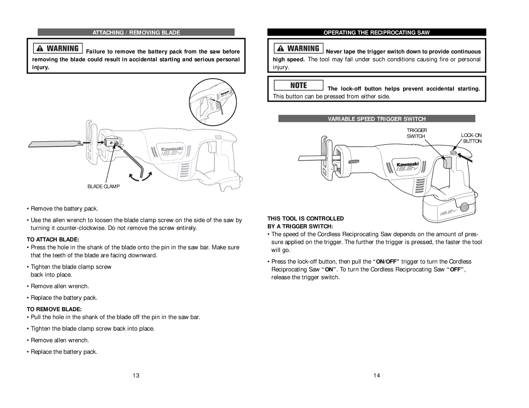 Kawasaki 840056 To Attach Blade, To Remove Blade, Operating the Reciprocating SAW, Variable Speed Trigger Switch 