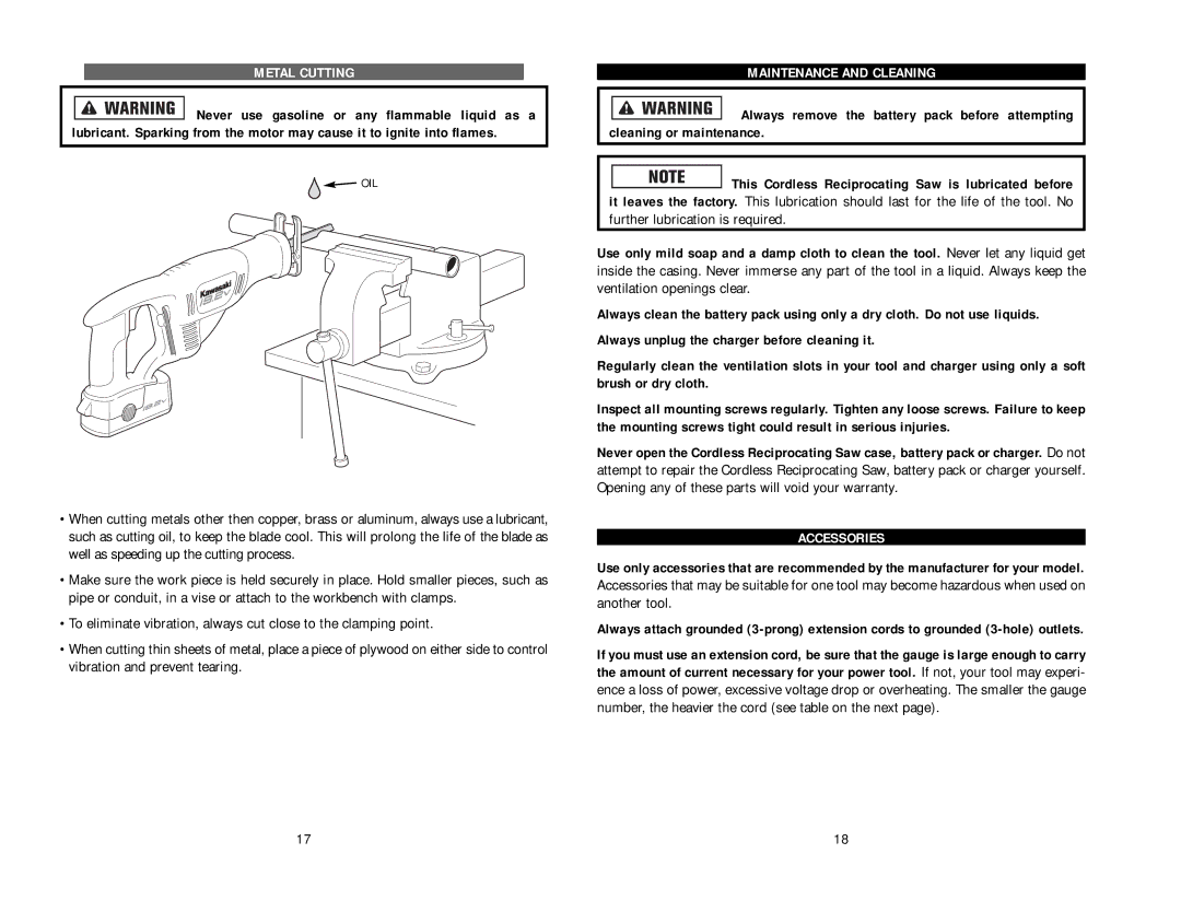 Kawasaki 840056 instruction manual Metal Cutting, Maintenance and Cleaning 