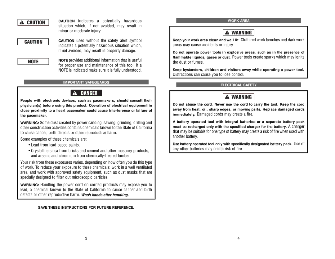 Kawasaki 840056 Important Safeguards, Save These Instructions for Future Reference, Work Area, Electrical Safety 