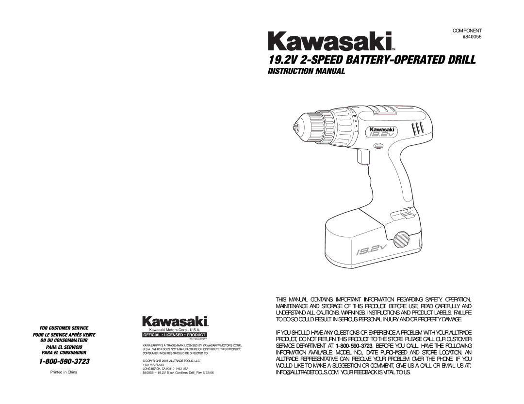 Kawasaki 840056 instruction manual 19.2V 2-SPEED BATTERY-OPERATED Drill 