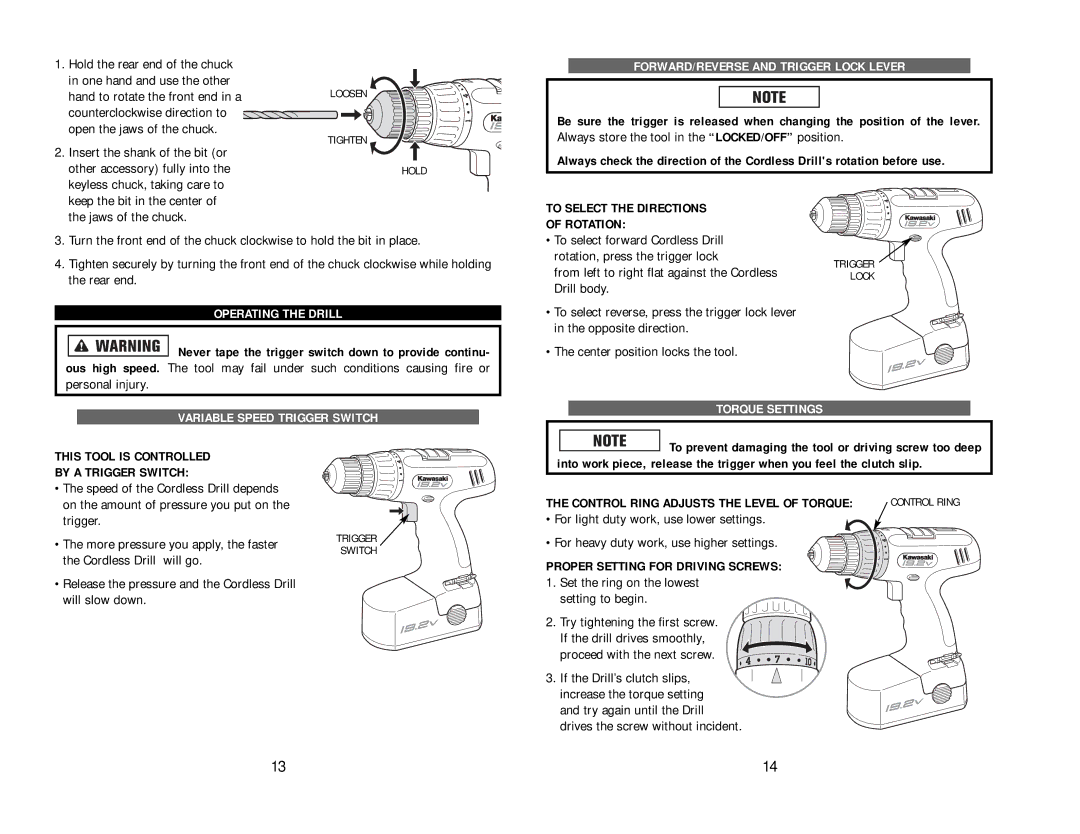 Kawasaki 840056 FORWARD/REVERSE and Trigger Lock Lever, To Select the Directions Rotation, Operating the Drill 