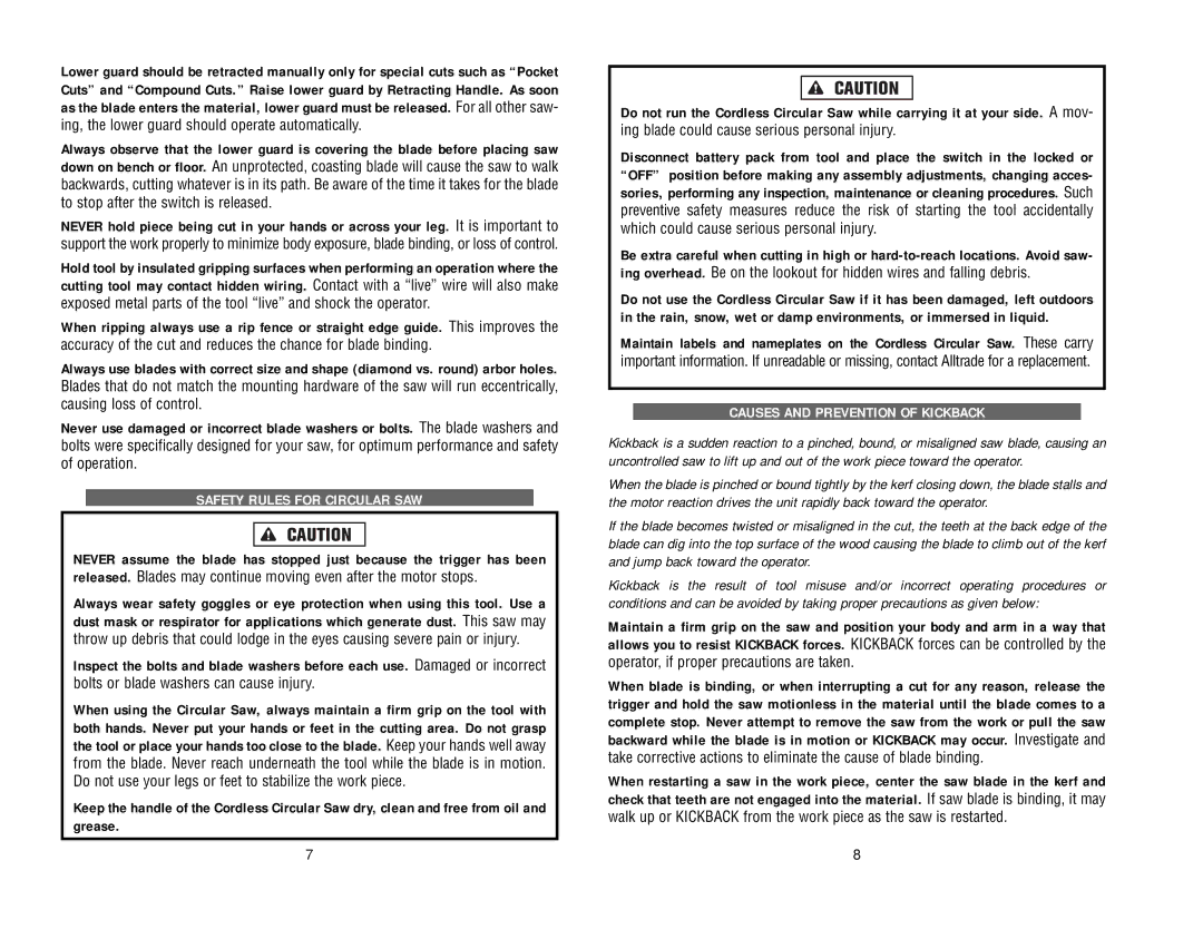 Kawasaki 840056 instruction manual Safety Rules for Circular SAW, Causes and Prevention of Kickback 