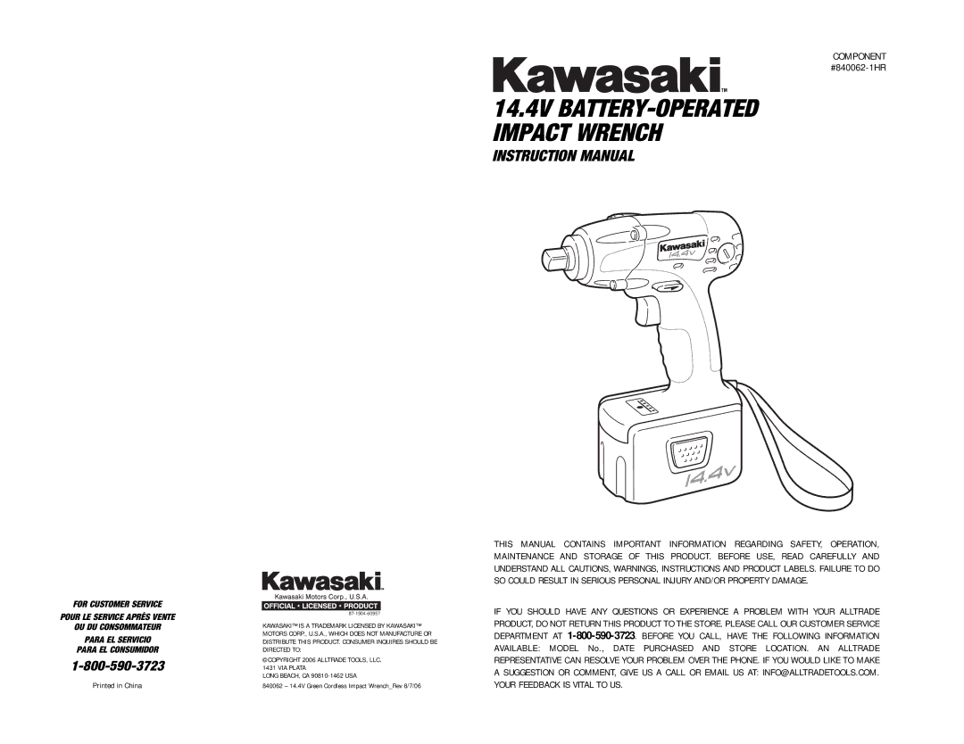 Kawasaki 840062 instruction manual 14.4V BATTERY-OPERATED Impact Wrench 