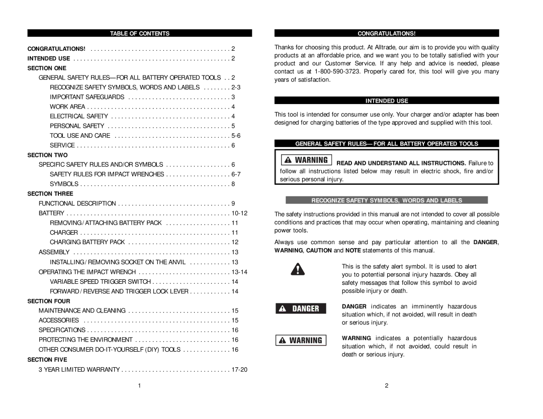 Kawasaki 840062 Table of Contents, Congratulations, Intended USE, General Safety RULES-FOR ALL Battery Operated Tools 