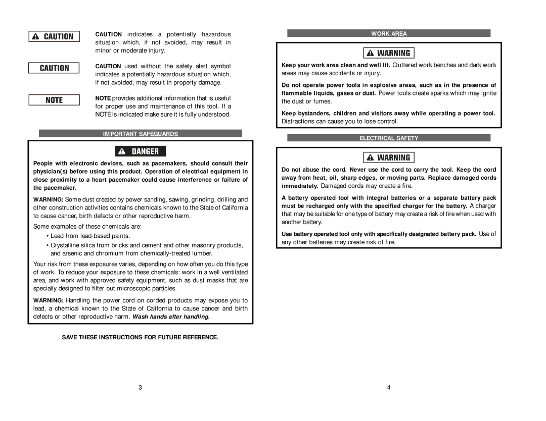 Kawasaki 840062 Important Safeguards, Save These Instructions for Future Reference, Work Area, Electrical Safety 