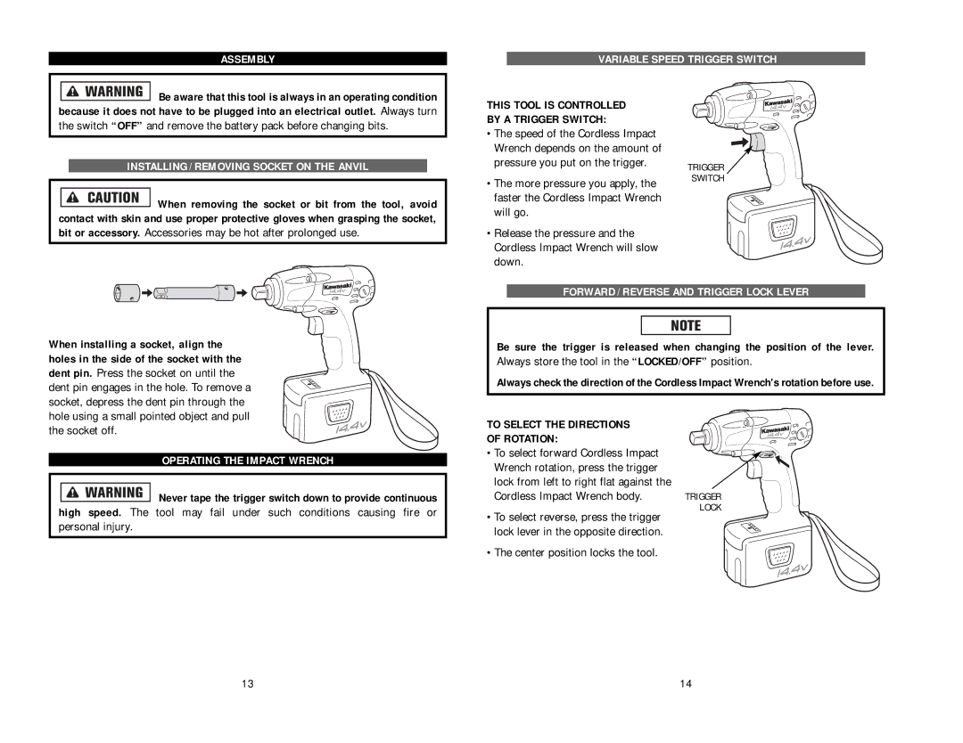 Kawasaki 840062 instruction manual Assembly Variable Speed Trigger Switch, Installing / Removing Socket on the Anvil 