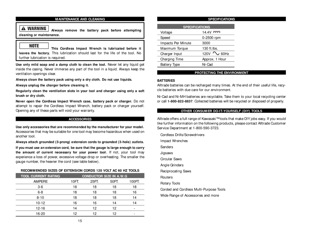 Kawasaki 840062 Maintenance and Cleaning, Accessories, Tool Current Rating, Specifications, Protecting the Environment 