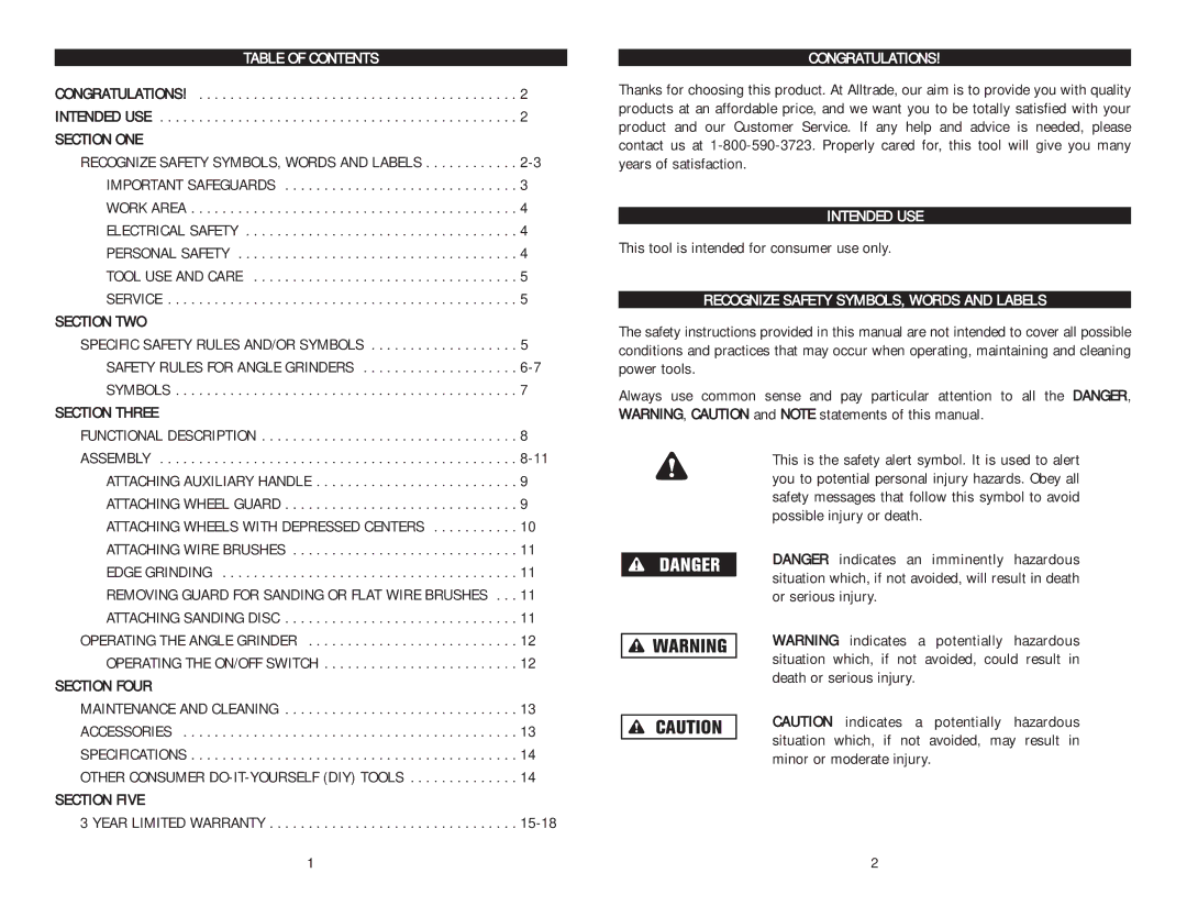 Kawasaki 840066 Table of Contents, Congratulations, Intended USE, Recognize Safety SYMBOLS, Words and Labels 