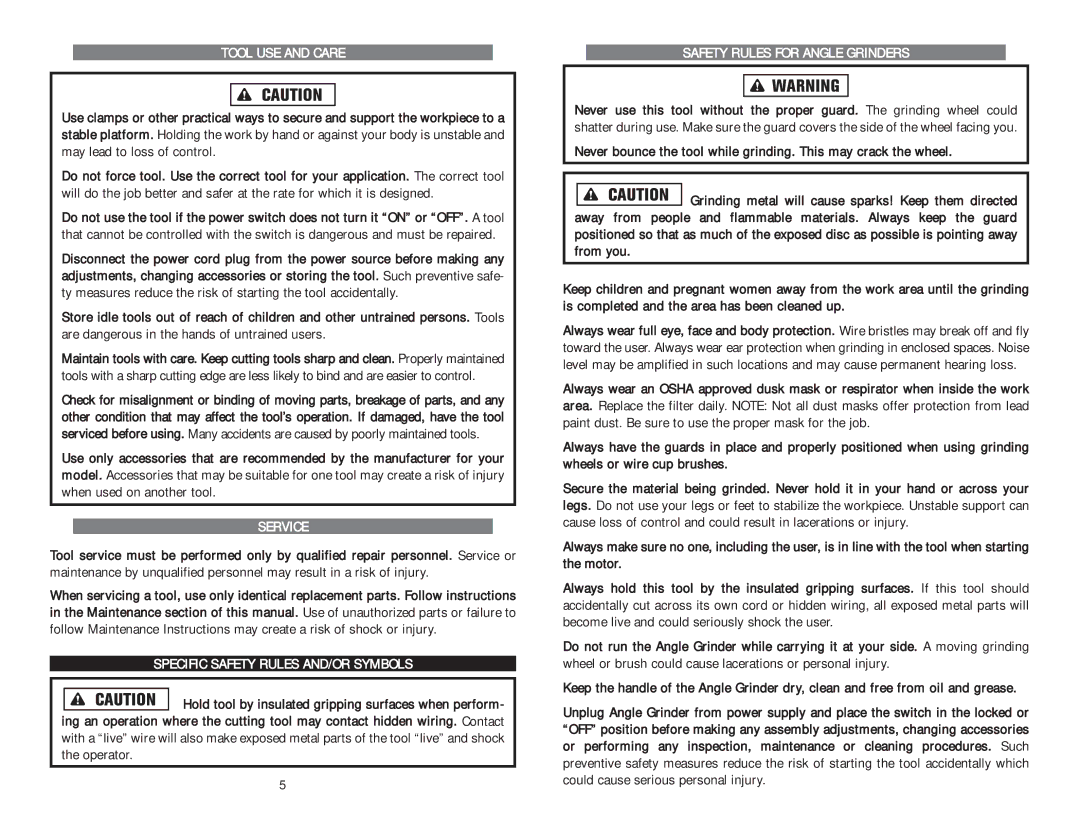 Kawasaki 840066 Tool USE and Care, Service, Specific Safety Rules AND/OR Symbols, Safety Rules for Angle Grinders 