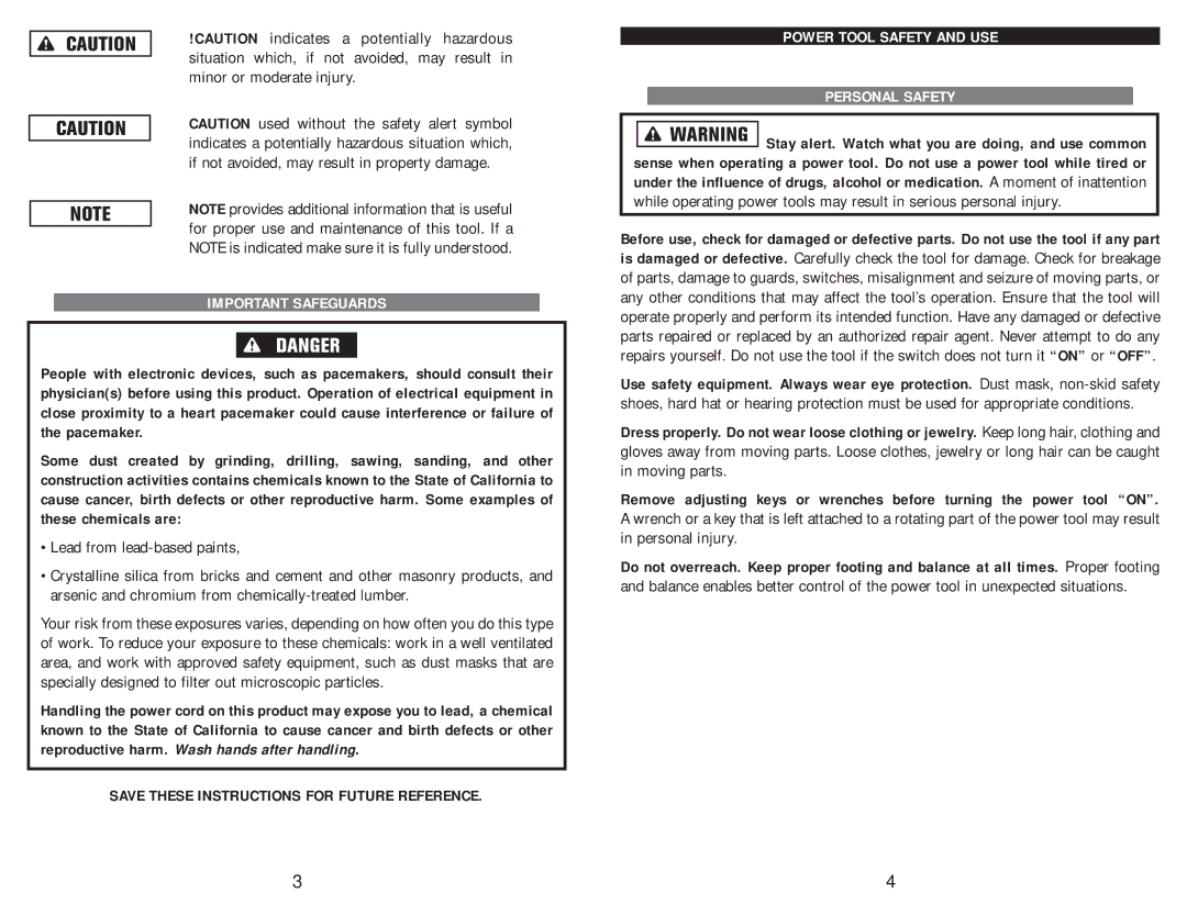 Kawasaki 840068 instruction manual Important Safeguards, Power Tool Safety and USE Personal Safety 