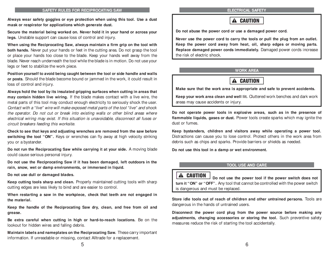 Kawasaki 840068 instruction manual Safety Rules for Reciprocating SAW, Electrical Safety, Work Area, Tool USE and Care 