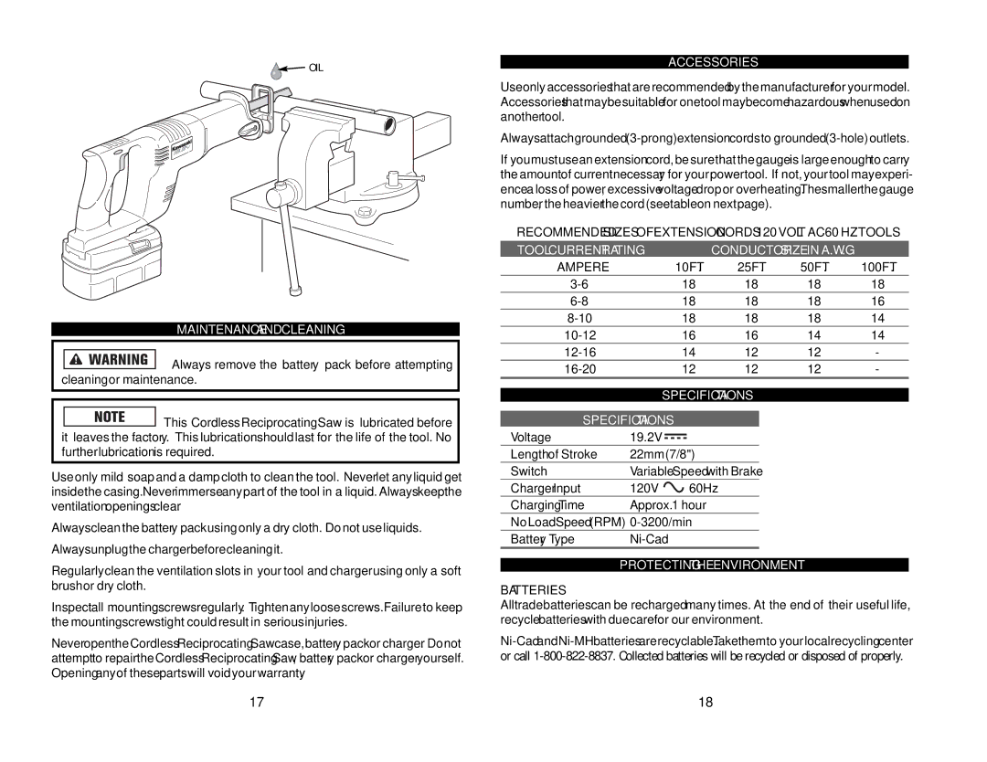 Kawasaki 840089-1HR Maintenance and Cleaning, Accessories, Tool Current Rating, Specifications, Protecting the Environment 