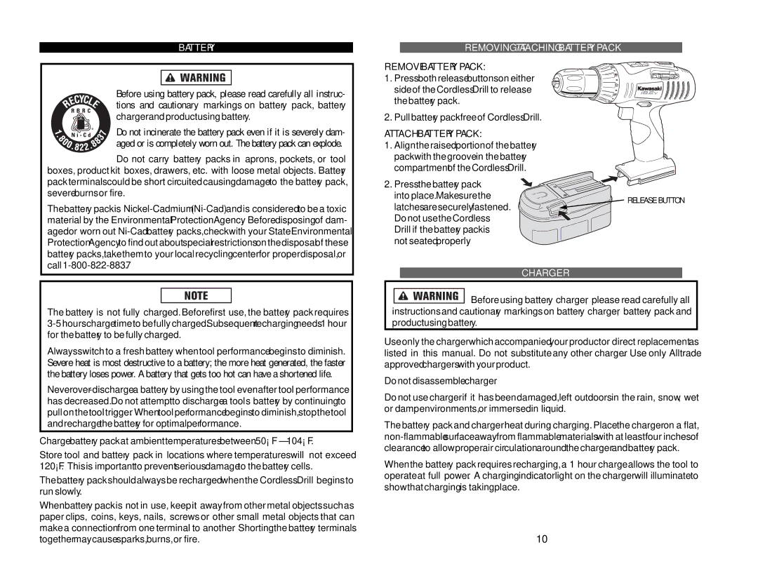 Kawasaki 840089-1HR manual REMOVING/ATTACHING Battery Pack, Approved chargers with your product 