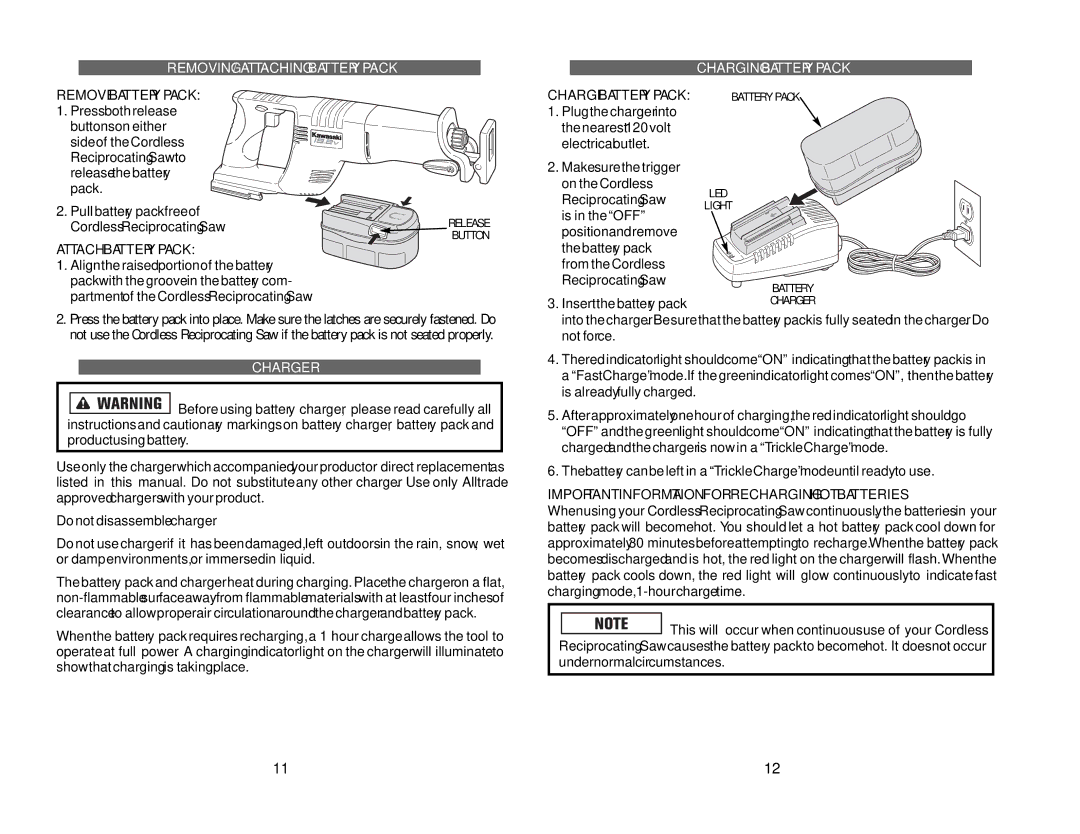 Kawasaki 840089-1HR manual Removing / Attaching Battery Pack, Charging Battery Pack, Charger 