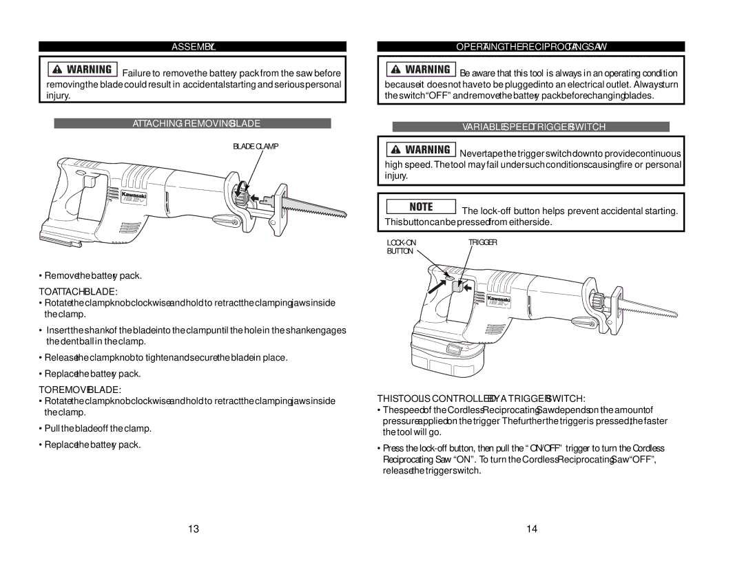 Kawasaki 840089-1HR Assembly, Attaching / Removing Blade, Operating the Reciprocating SAW, Variable Speed Trigger Switch 