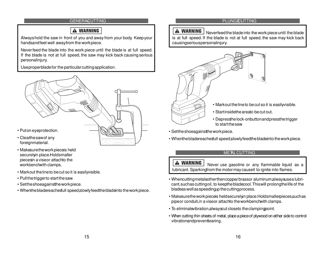 Kawasaki 840089-1HR manual General Cutting, Put on eye protection, Plunge Cutting, Metal Cutting 