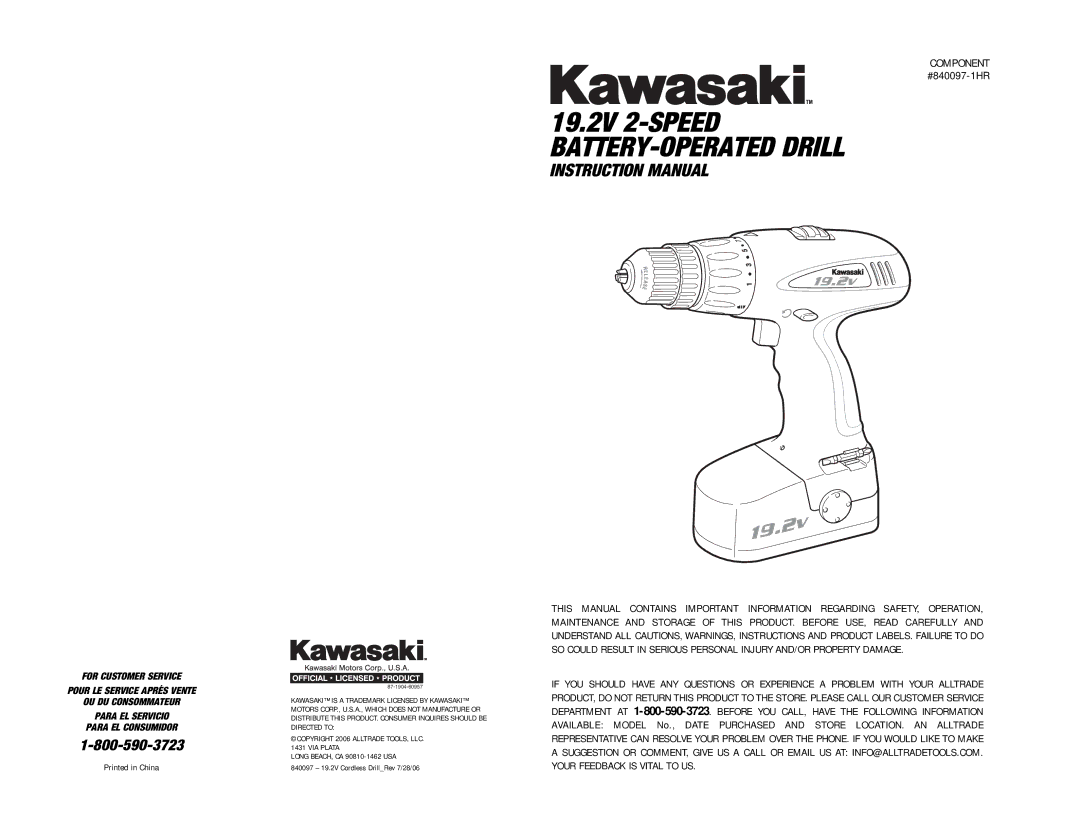 Kawasaki 840097 instruction manual 19.2V 2-SPEED BATTERY-OPERATED Drill 