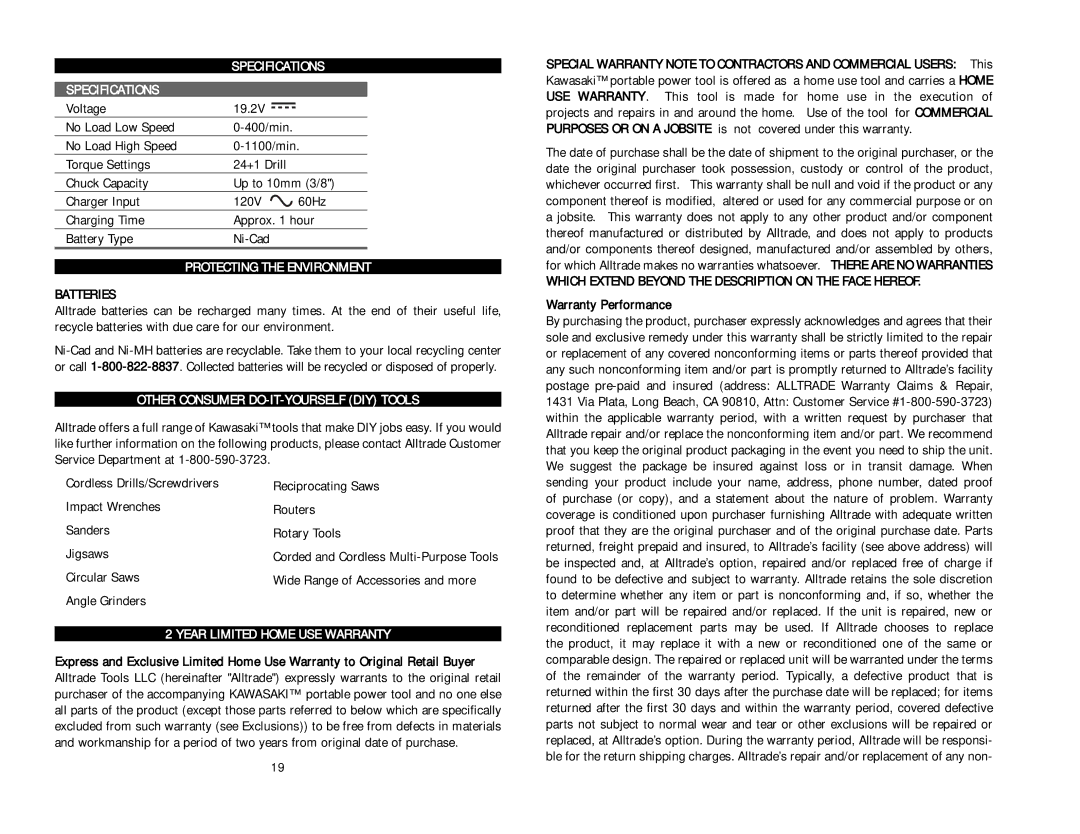 Kawasaki 840097 Specifications, Protecting the Environment, Batteries, Other Consumer DO-IT-YOURSELF DIY Tools 