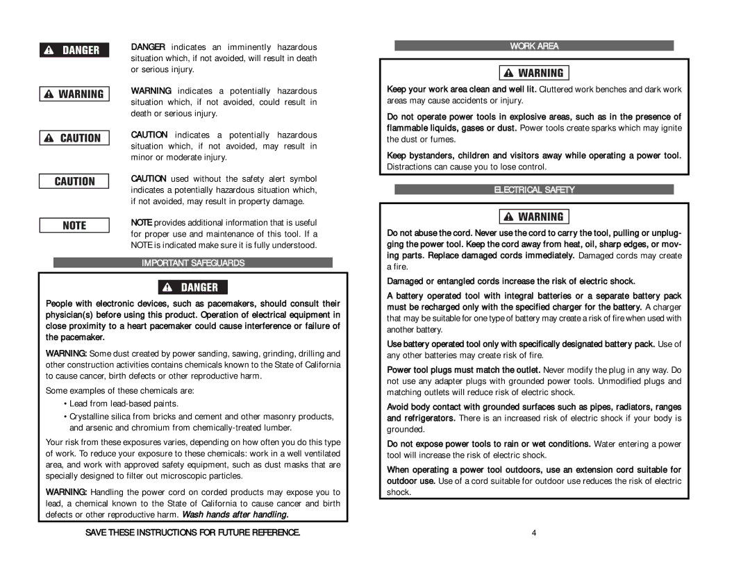 Kawasaki 840097 Important Safeguards, Save These Instructions for Future Reference, Work Area, Electrical Safety 